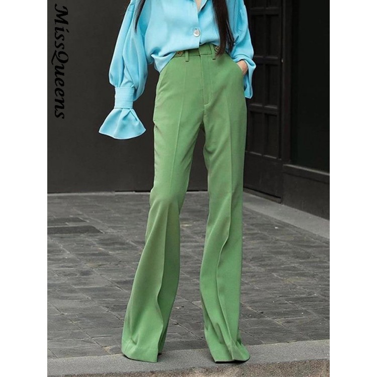 Green High Waist Mopping Trousers Women Fashion Green Slim Long Trouser Streetwear Casual Solid Woman Pants